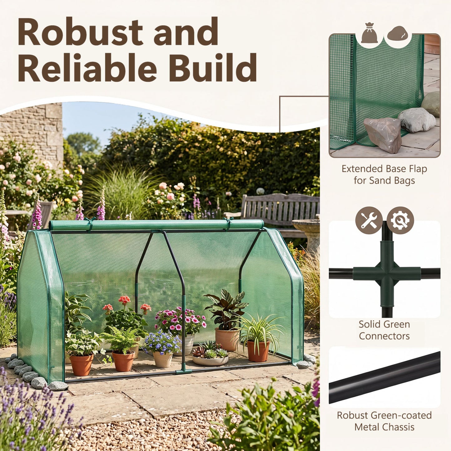 Portable Mini Greenhouse with PE Cover, Zippered Door, Green