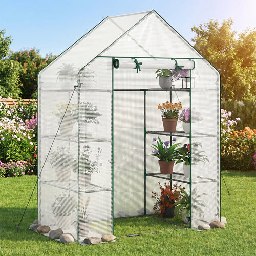 Portable Walk-In Greenhouse, 3 Tiers, 6 Shelves, White