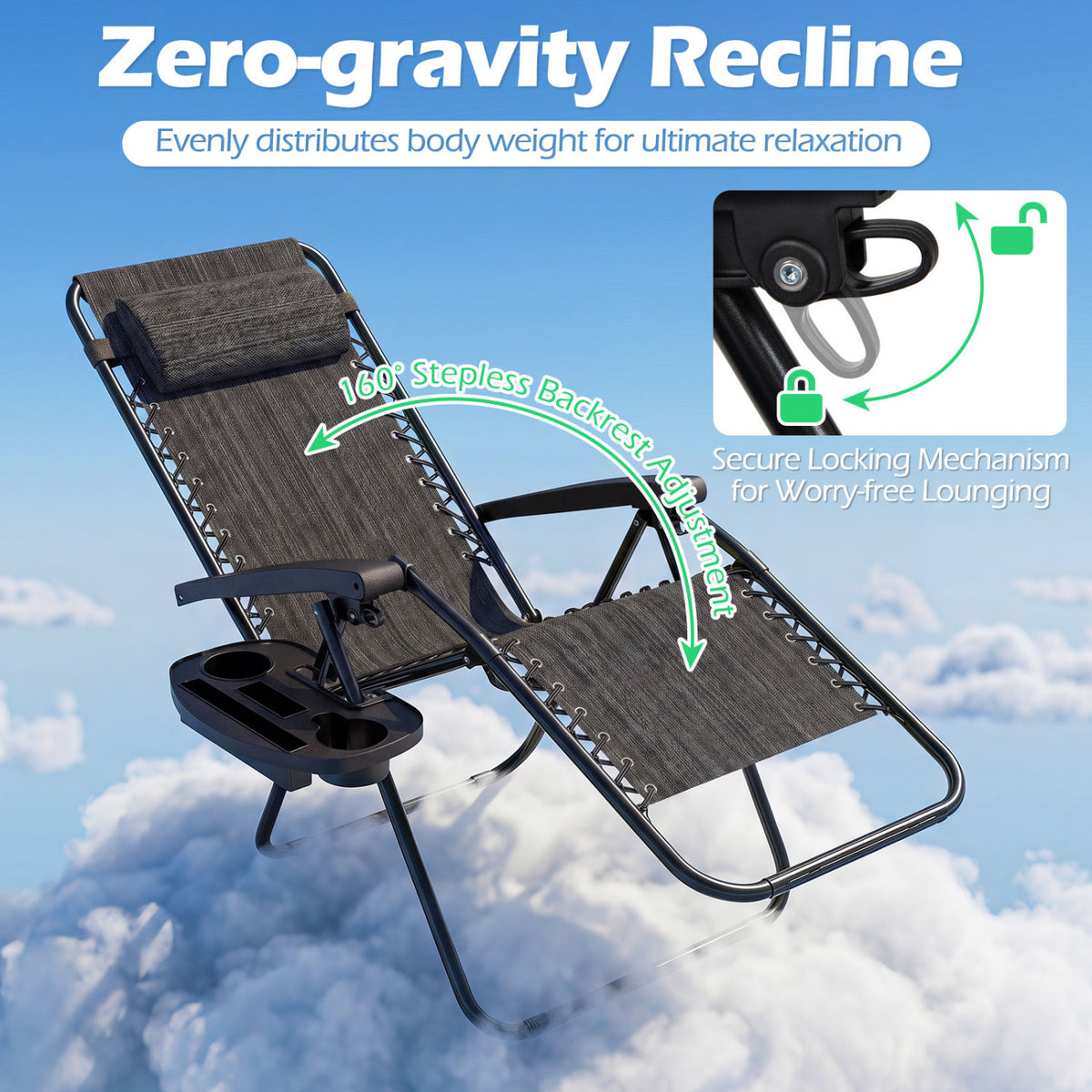 Portable Zero Gravity Chairs with Cup Holder Trays and Backrest Set of 2, Gray Beach & Lawn Chairs at Gallery Canada