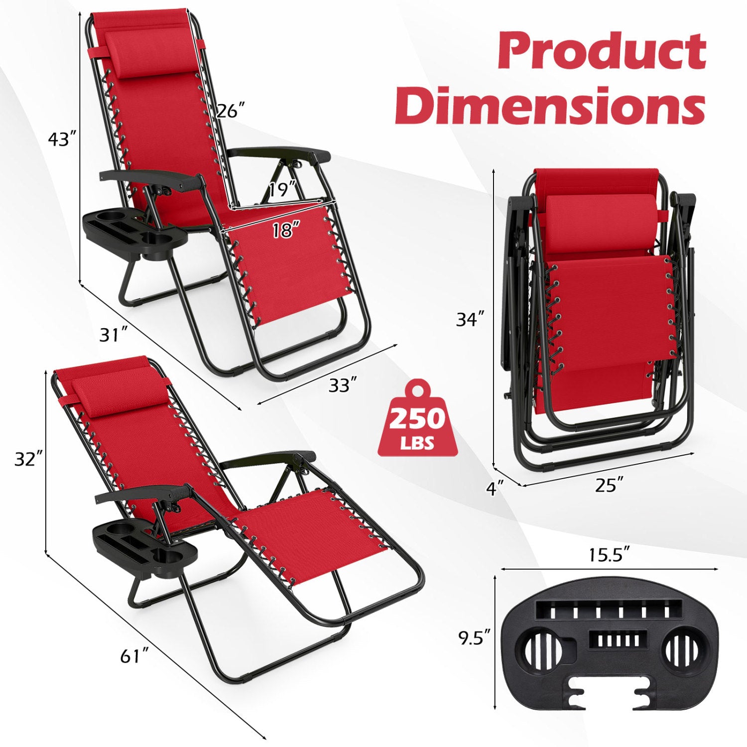 Portable Zero Gravity Chairs with Cup Holder Trays and Backrest Set of 2, Red Beach & Lawn Chairs at Gallery Canada