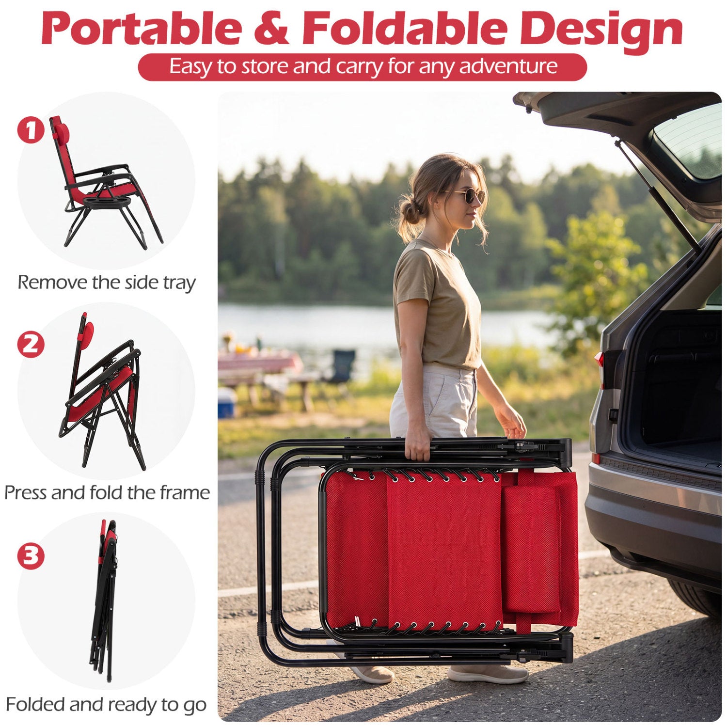 Portable Zero Gravity Chairs with Cup Holder Trays and Backrest Set of 2, Red Beach & Lawn Chairs at Gallery Canada