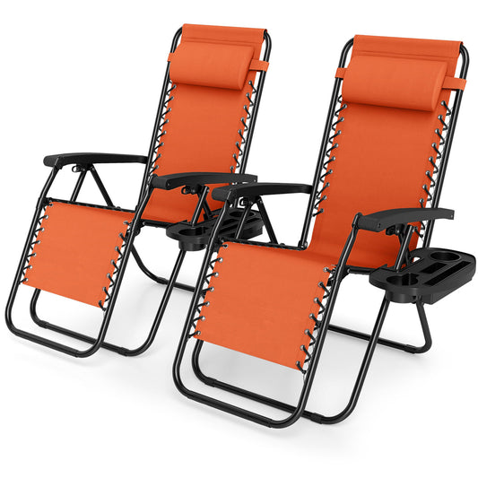 Portable Zero Gravity Chairs with Cup Holder Trays and Backrest Set of 2, Orange Beach & Lawn Chairs Orange at Gallery Canada