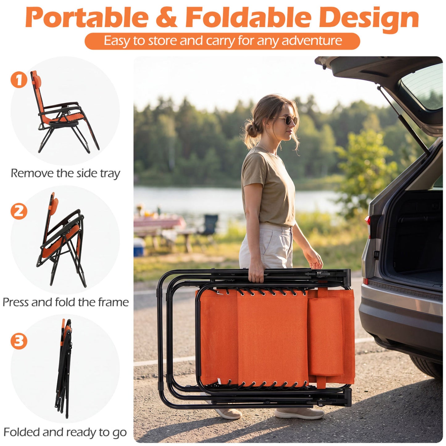 Portable Zero Gravity Chairs with Cup Holder Trays and Backrest, Orange Beach & Lawn Chairs at Gallery Canada