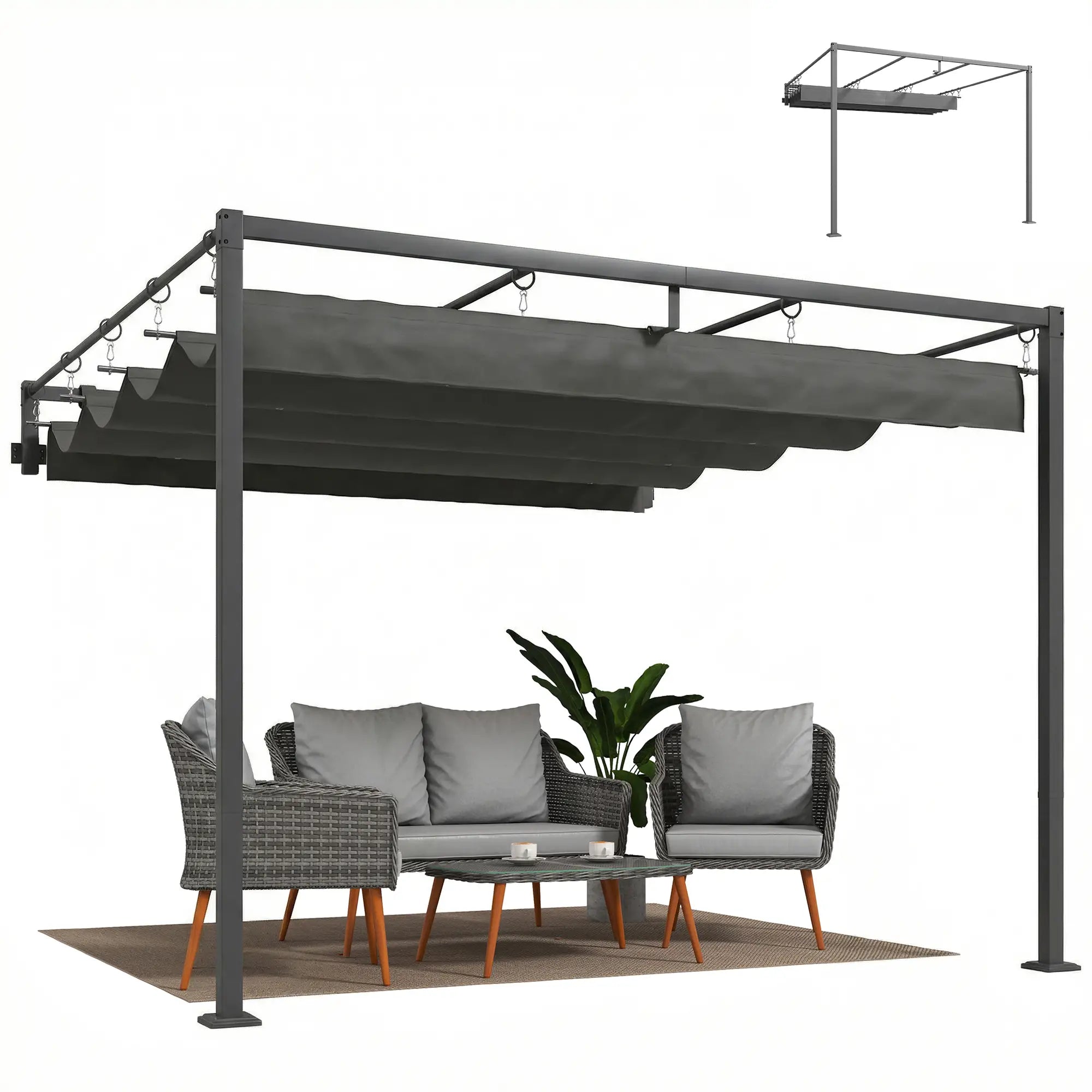 10' x 10' Retractable Pergola Canopy, Wall Mounted, Dark Grey Pergolas at Gallery Canada