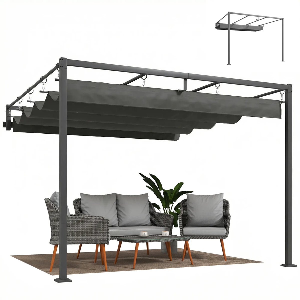 10' x 10' Retractable Pergola Canopy, Wall Mounted, Dark Grey Pergolas at Gallery Canada
