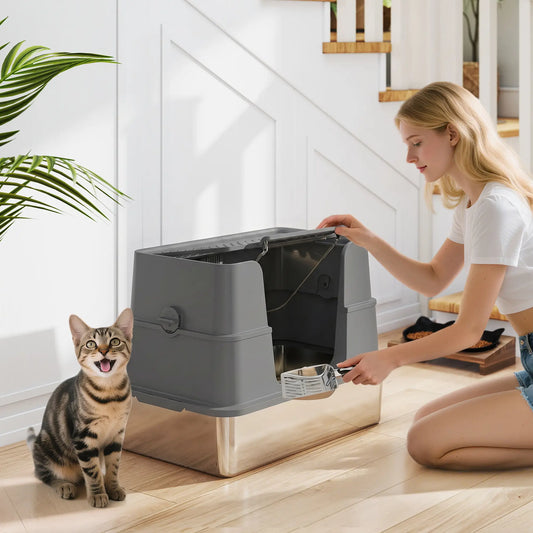 XL Stainless Litter Box With 100° Flip Top, Scoop, Dual Entry, Stainless Cat Litter Box Enclosures Dark Grey, Stainless Steel, Black at Gallery Canada