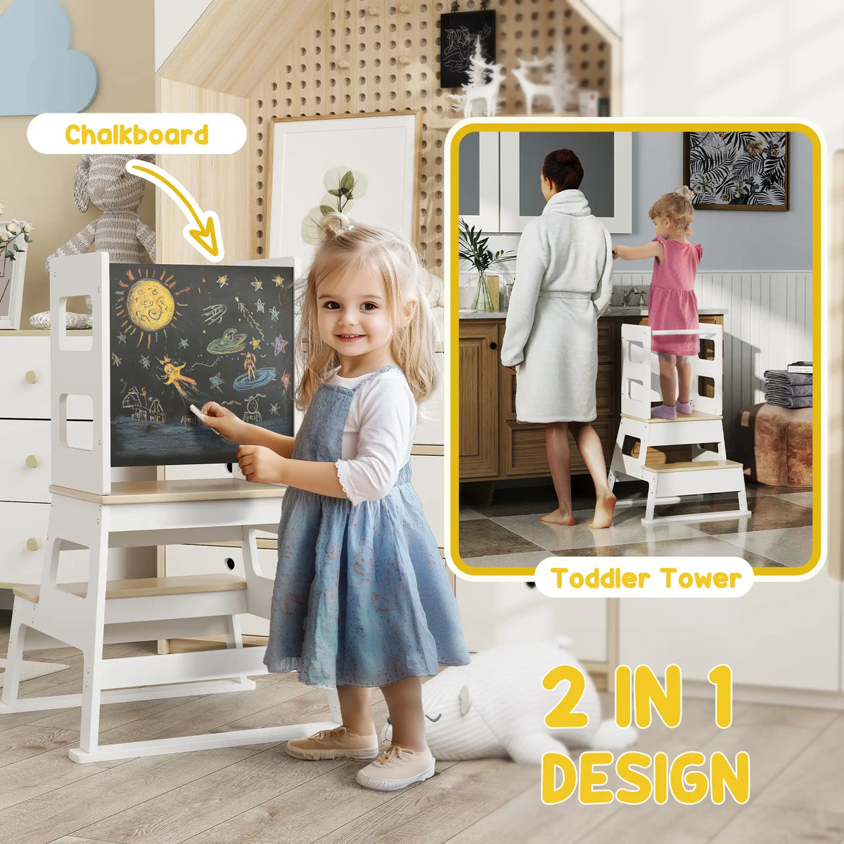 2 in 1 Toddler Tower with Chalkboard, Safety Rail, White Toddler & Kids Step Stools at Gallery Canada
