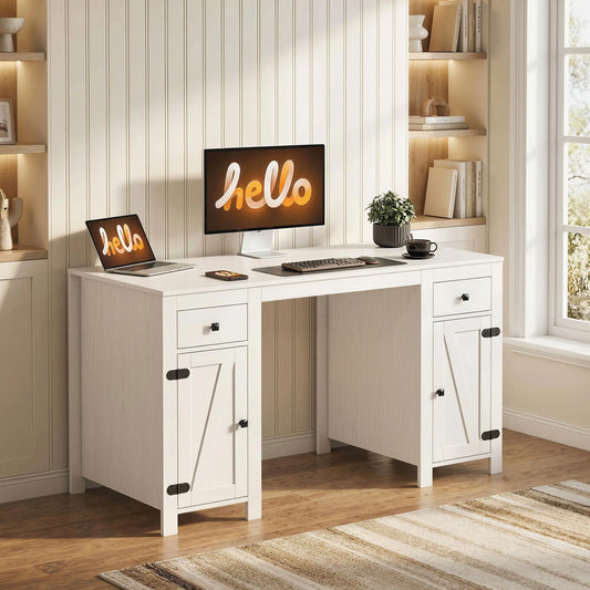 53" Farmhouse Executive Desk, White Wood Grain, Computer Desk With Drawers, White Writing Desks White Wood Grain at Gallery Canada