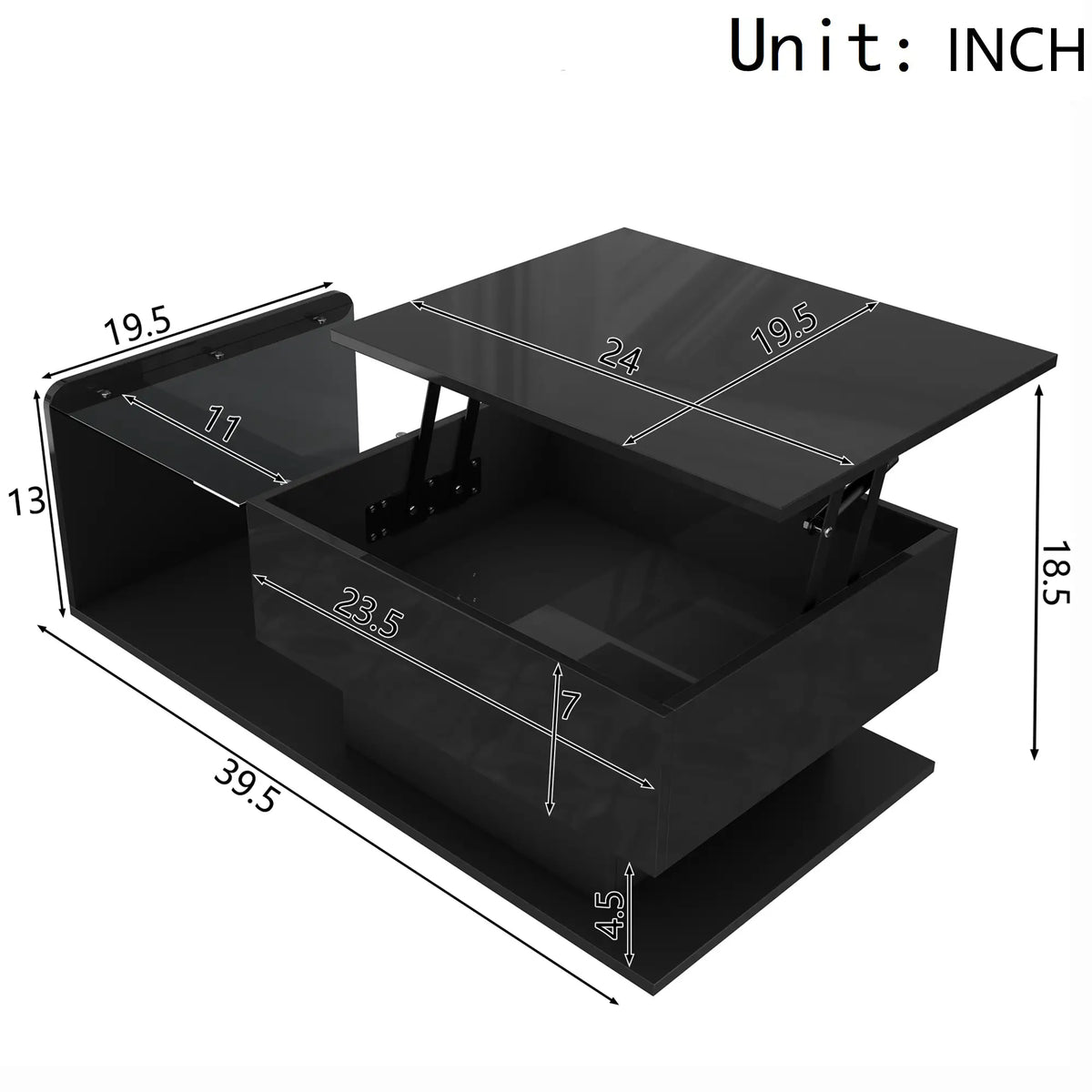 Coffee Table, Tempered Glass Top, LED Light, Adjustable Height, 39.5" L x 19.5" W x 13" H, Black Coffee Tables at Gallery Canada