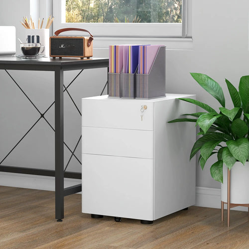 3 Drawer Filing Cabinet, Steel Office Storage with Wheels, Lock, White