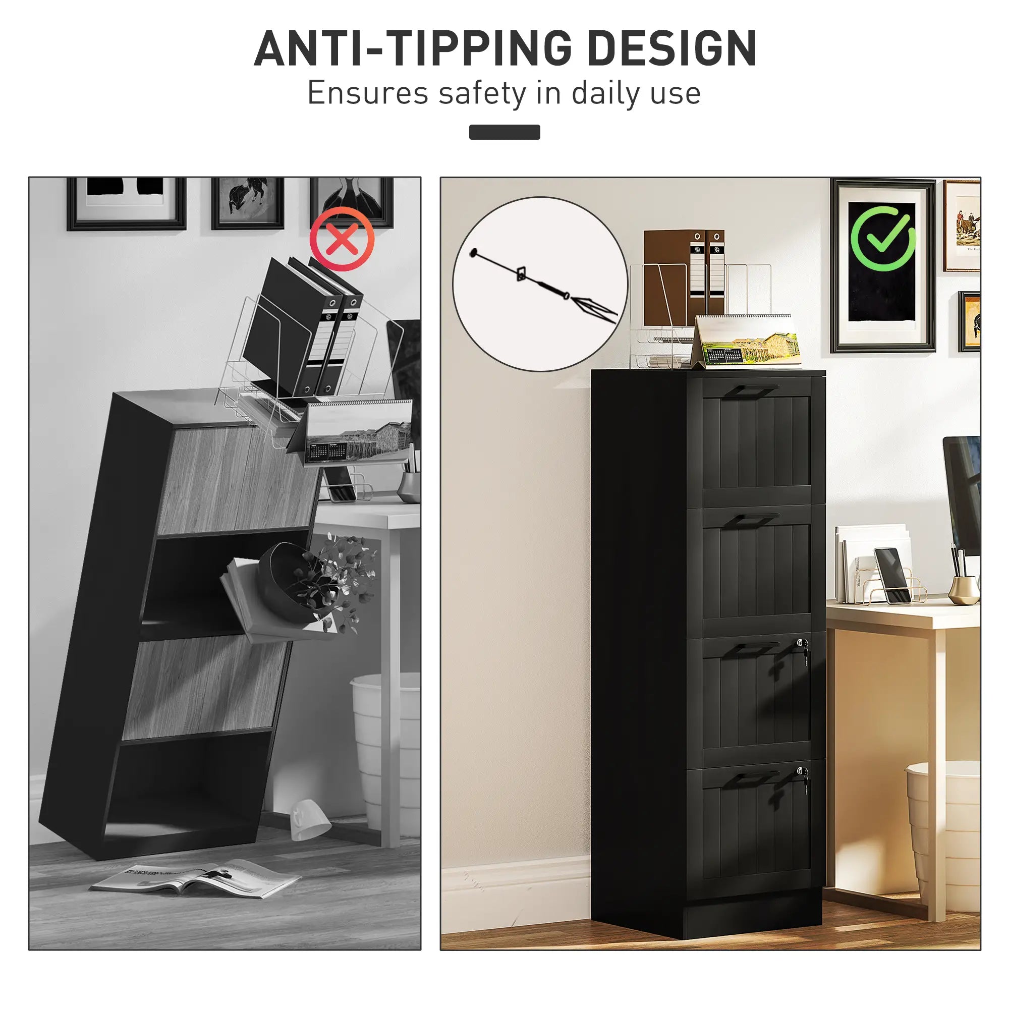 4 Drawer Filing Cabinet with Lock, Adjustable Hanging Bars, Black Office Cabinets & Cupboards at Gallery Canada