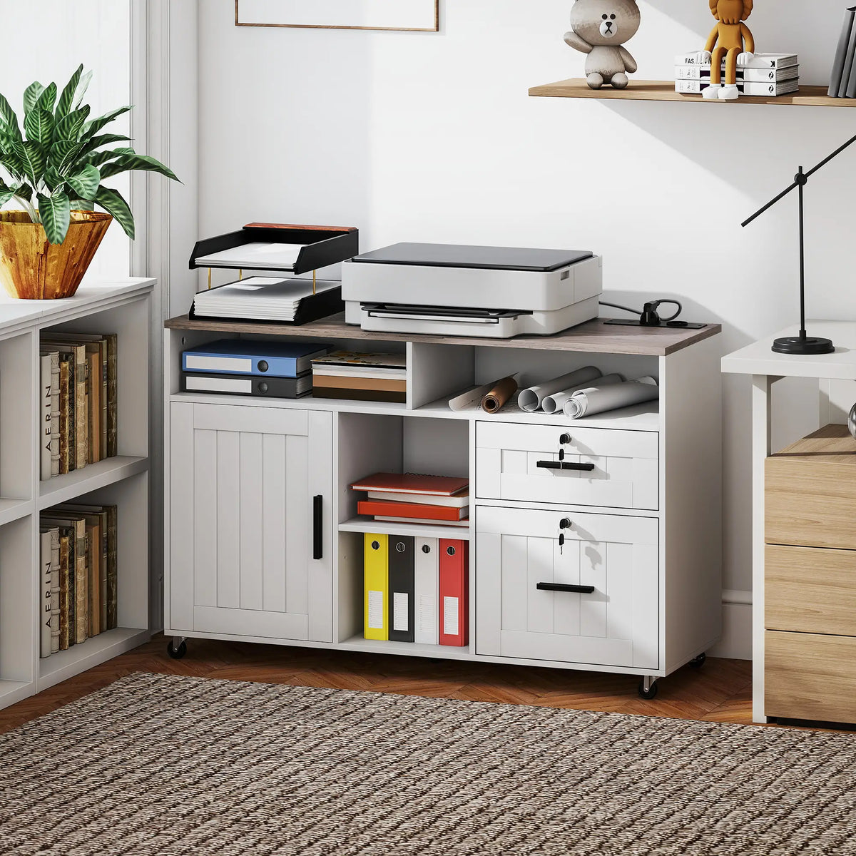 Mobile Printer Stand with Charging Station, Locking Filing Cabinet for A4 and Letter Size, White Office Cabinets & Cupboards at Gallery Canada