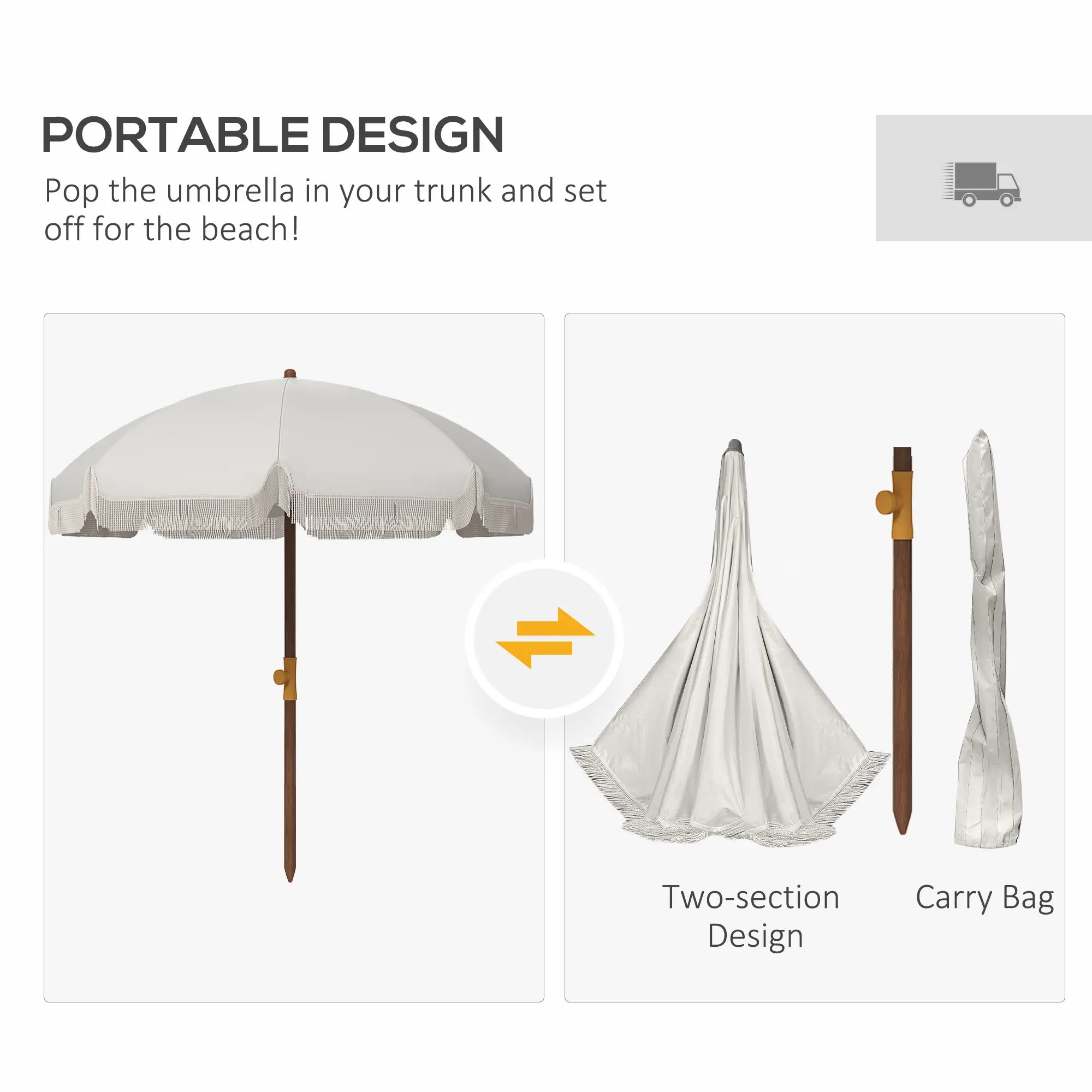6.2' Travel Beach Umbrella, Vent, Ruffles, Carry Bag, Cream White Beach Umbrellas at Gallery Canada