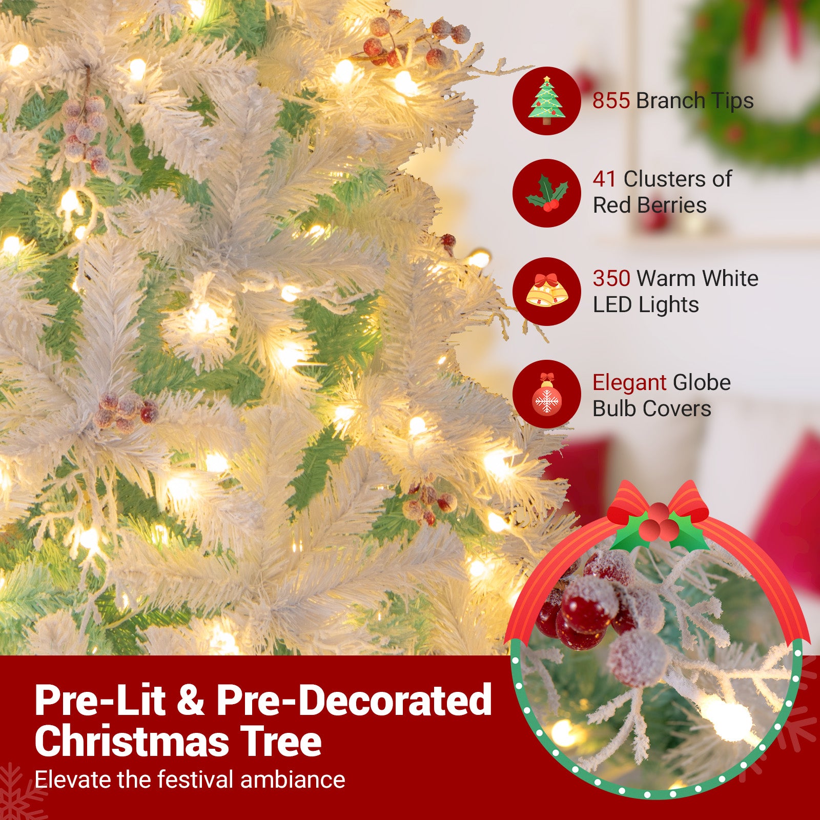 Pre-Lit Artificial Christmas Tree, Snow Flocked Branch Tips, M, White Christmas at Gallery Canada