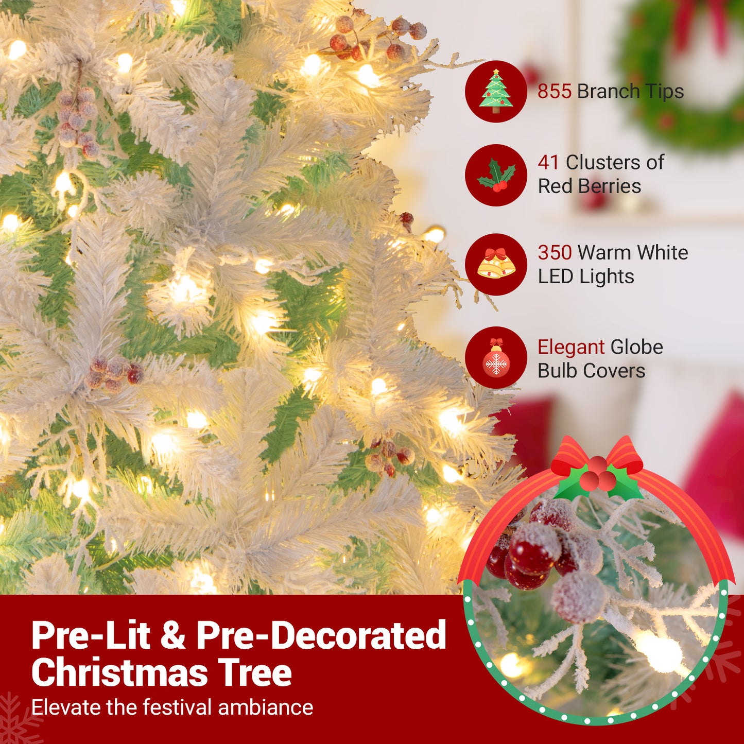Pre-Lit Artificial Christmas Tree, Snow Flocked Branch Tips, M, White Christmas at Gallery Canada