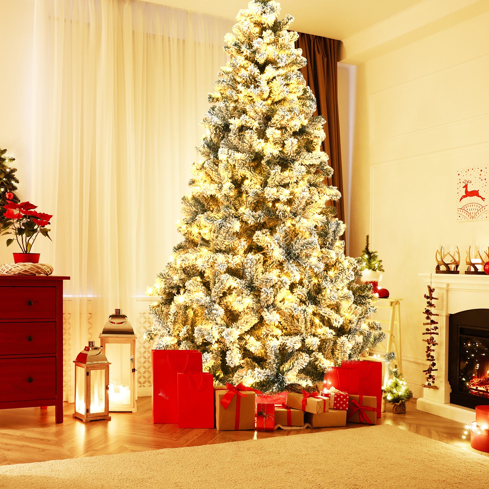 9 ft Pre-Lit Snow Flocked Hinged Artificial Christmas Tree, White Christmas Tree at Gallery Canada