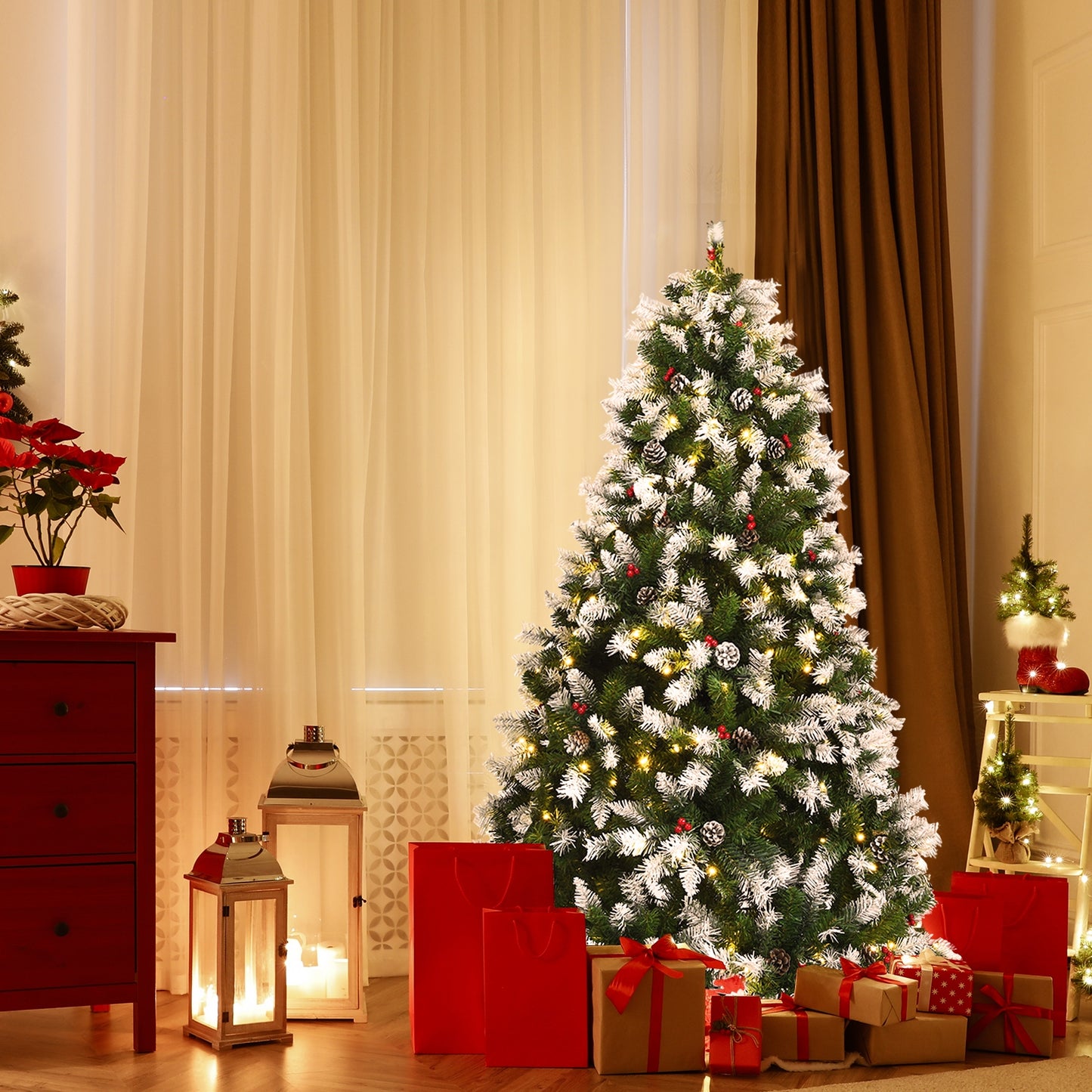 Pre-Lit Snow Flocked Christmas Tree, Red Berries, LED Lights, 6 Feet, Green Christmas Tree at Gallery Canada