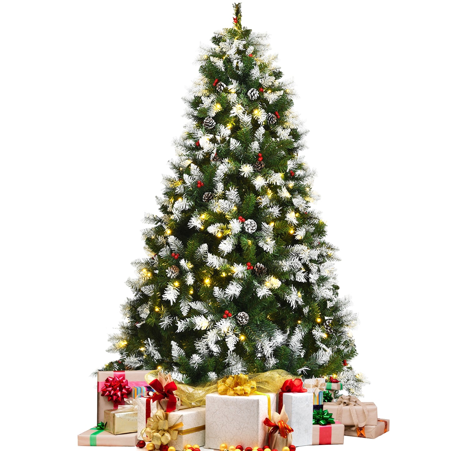 Pre-Lit Snow Flocked Christmas Tree, Red Berries, LED Lights, 6 Feet, Green Christmas Tree at Gallery Canada