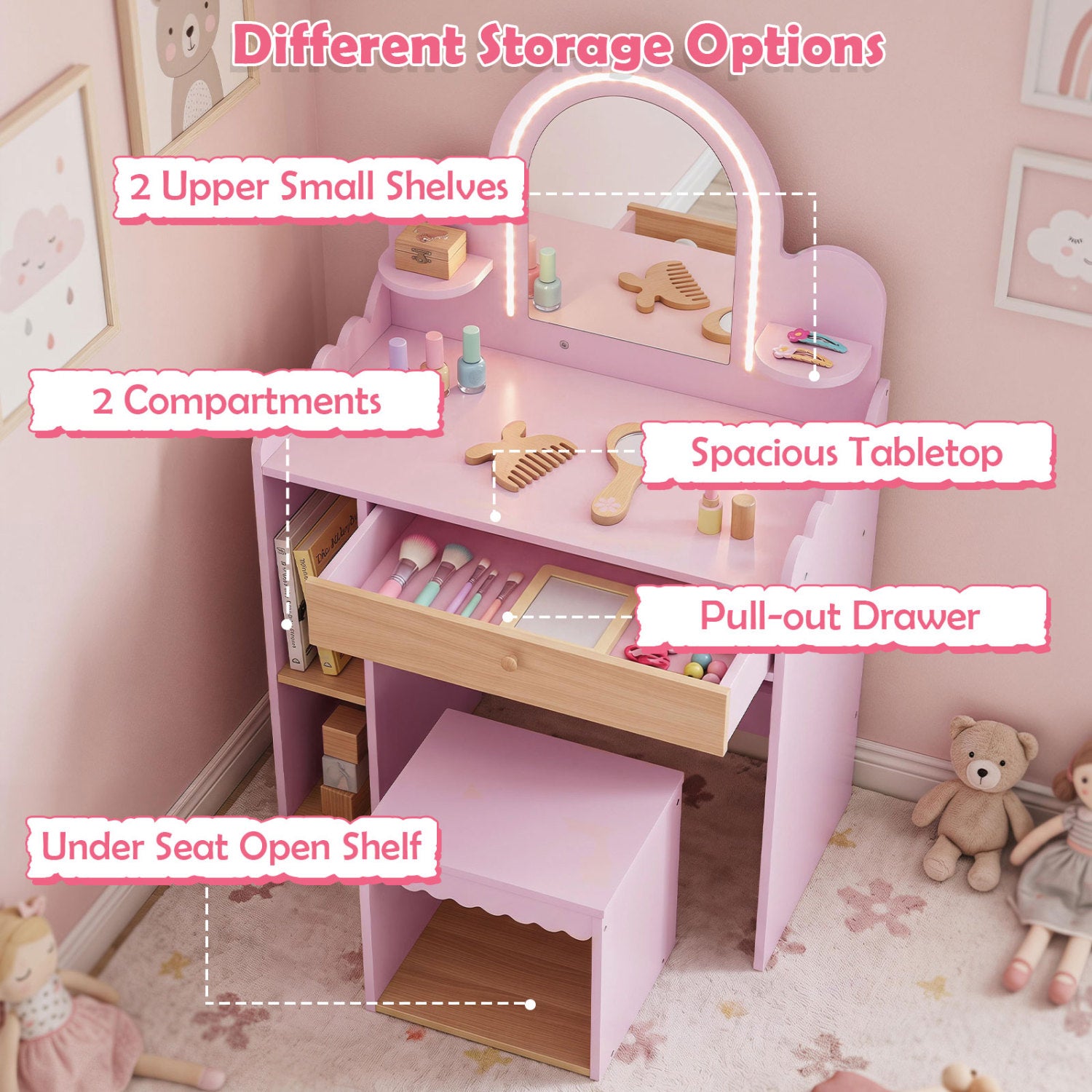 Pretend Makeup Dressing Table Set with 2 Small Shelves and Compartments, Pink Makeup Vanities at Gallery Canada