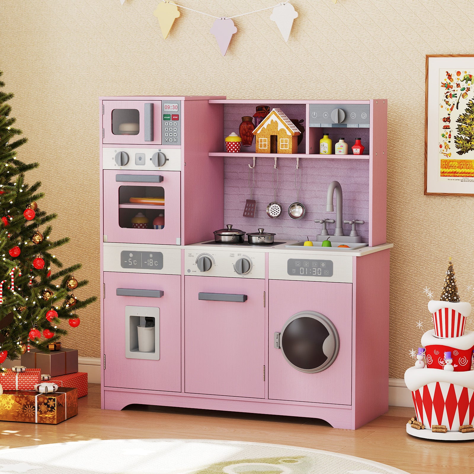 Pretend Play Kitchen Wooden Toy Set, With Real Lights Sounds, Pink Play Kitchen Sets at Gallery Canada