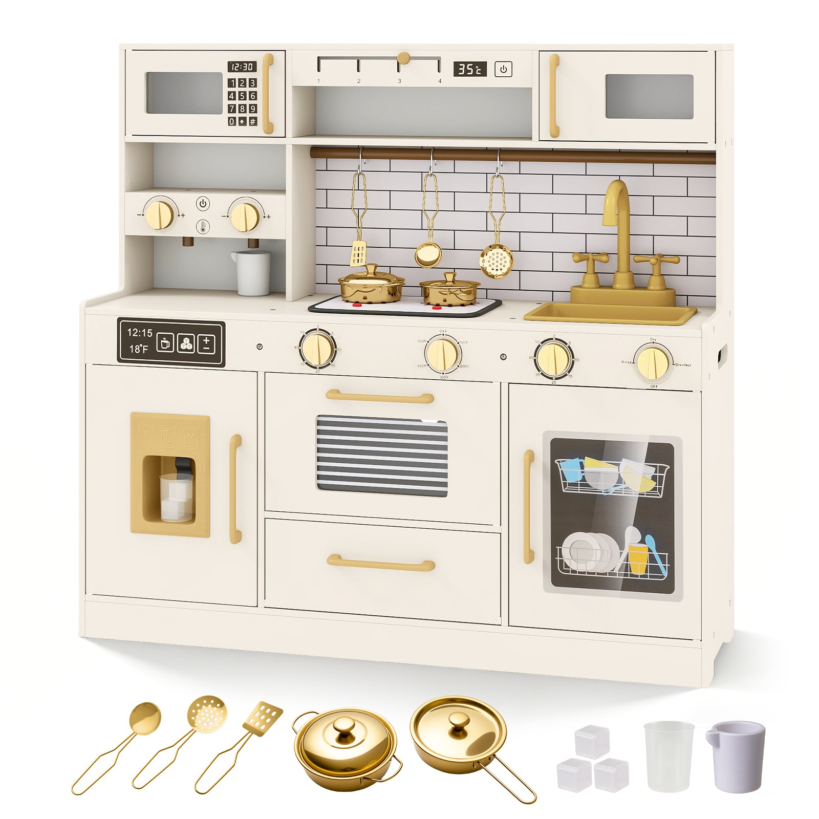 Pretend Toy Kitchen Set with Stoves and Water Dispenser-BE, Beige Play Kitchen Sets at Gallery Canada