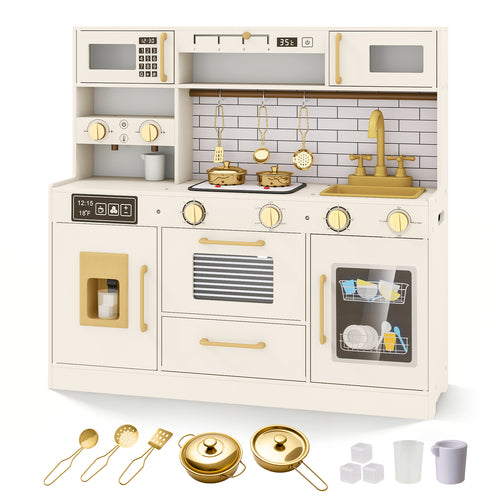 Pretend Toy Kitchen Set with Stoves and Water Dispenser-BE, Beige