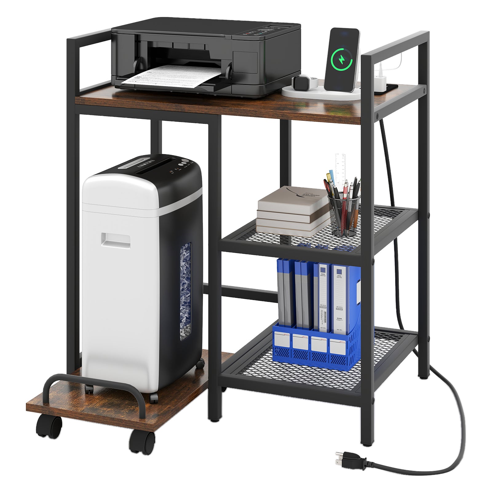 Printer Stand With Charging Station, Storage Shelves, Rustic Brown Laptop Tables & Printer Stands at Gallery Canada