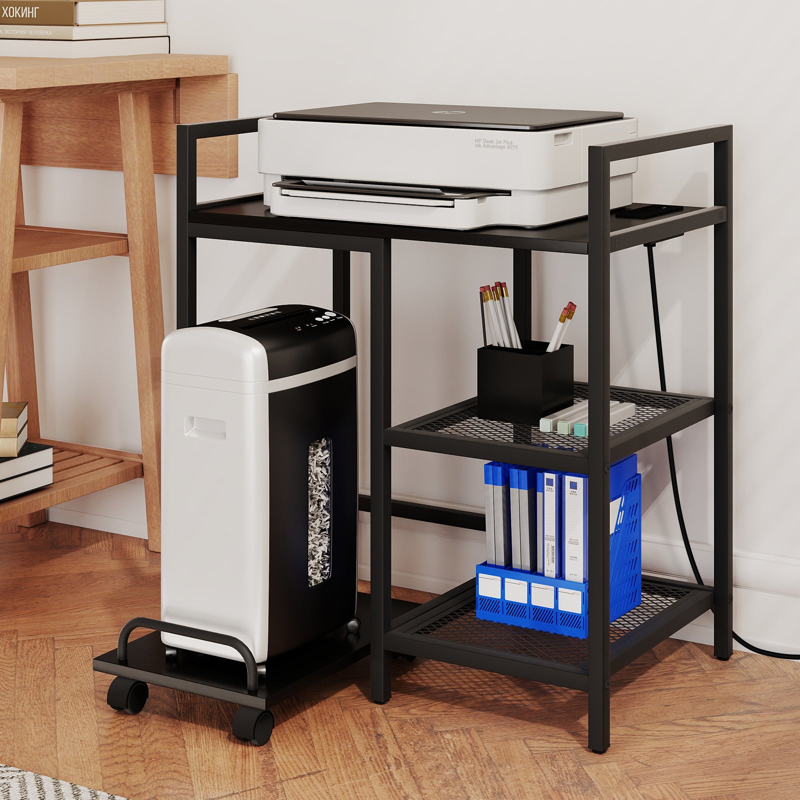 Printer Stand With Charging Station, Storage Shelves, Black Laptop Tables & Printer Stands at Gallery Canada