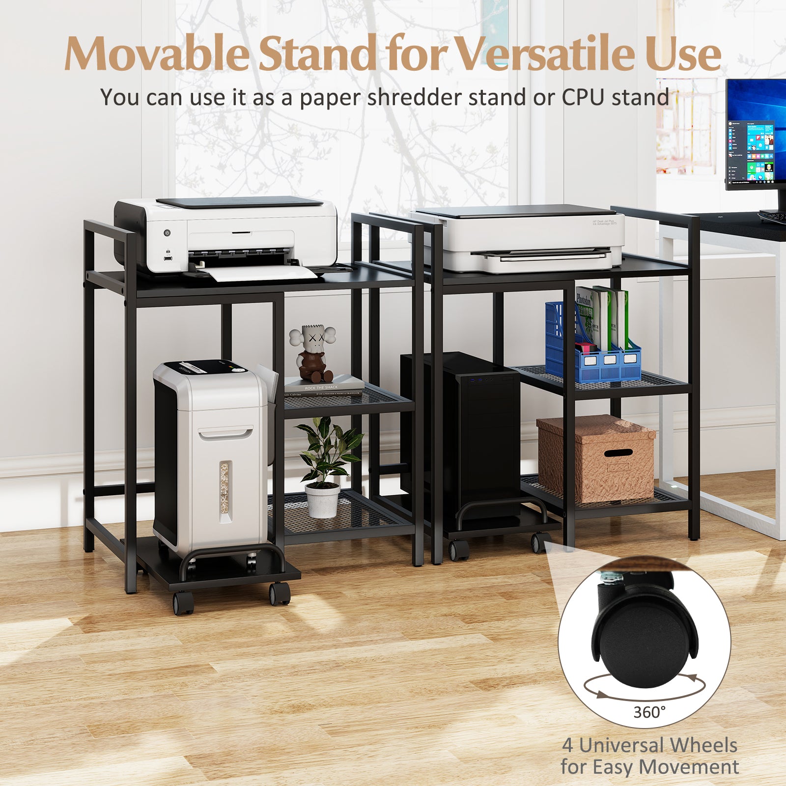 Printer Stand With Charging Station, Storage Shelves, Black Laptop Tables & Printer Stands at Gallery Canada