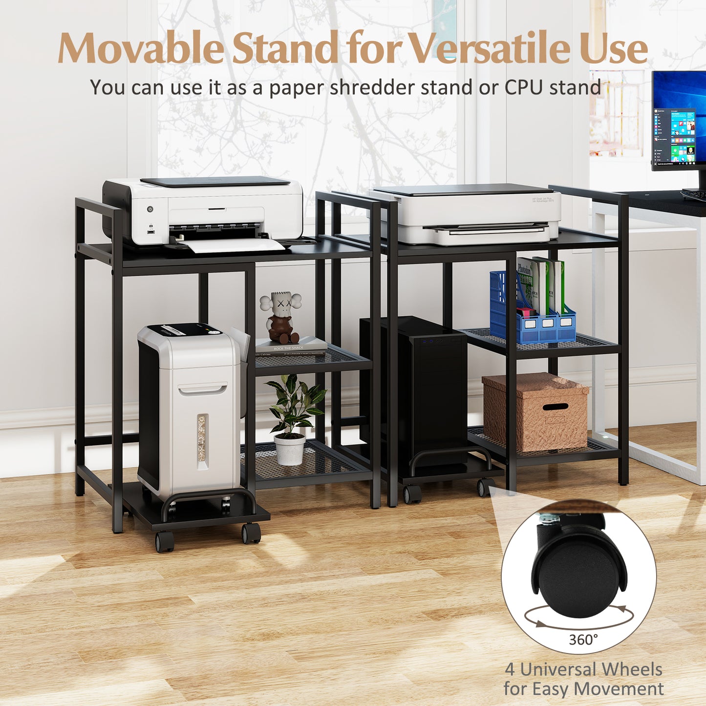 Printer Stand With Charging Station, Storage Shelves, Black Laptop Tables & Printer Stands at Gallery Canada