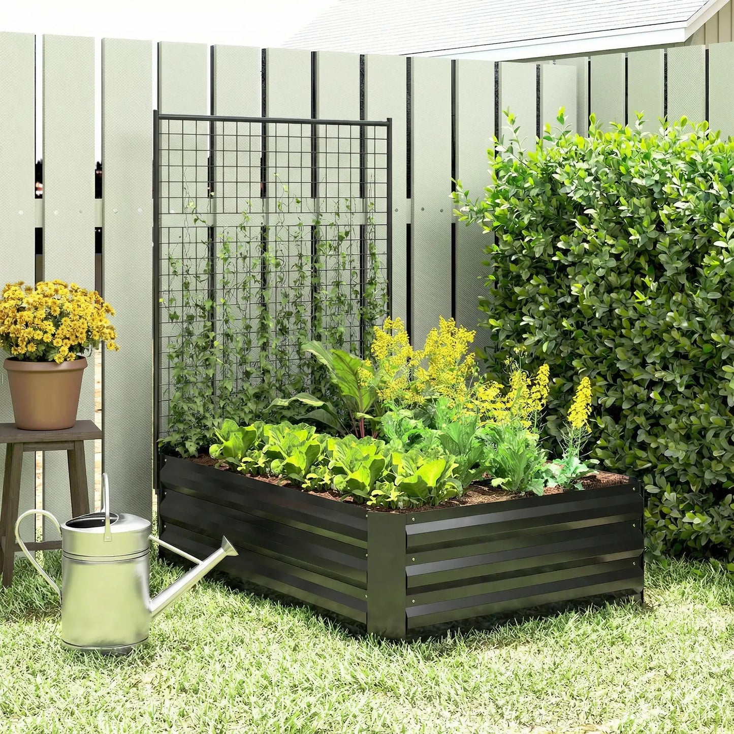 Galvanized Raised Garden Bed With Trellis, Open Bottom Planter Box, Black Galvanized Planter Boxes at Gallery Canada
