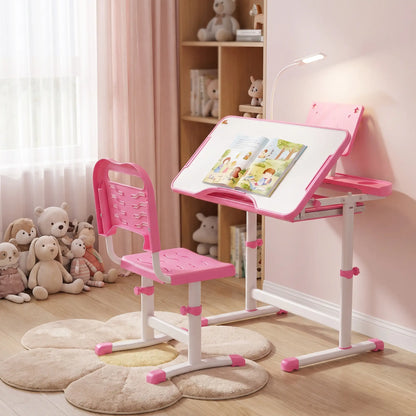 Kids Desk and Chair Set, Adjustable Height, Tilt Desktop, Pink Kids Desk Sets at Gallery Canada