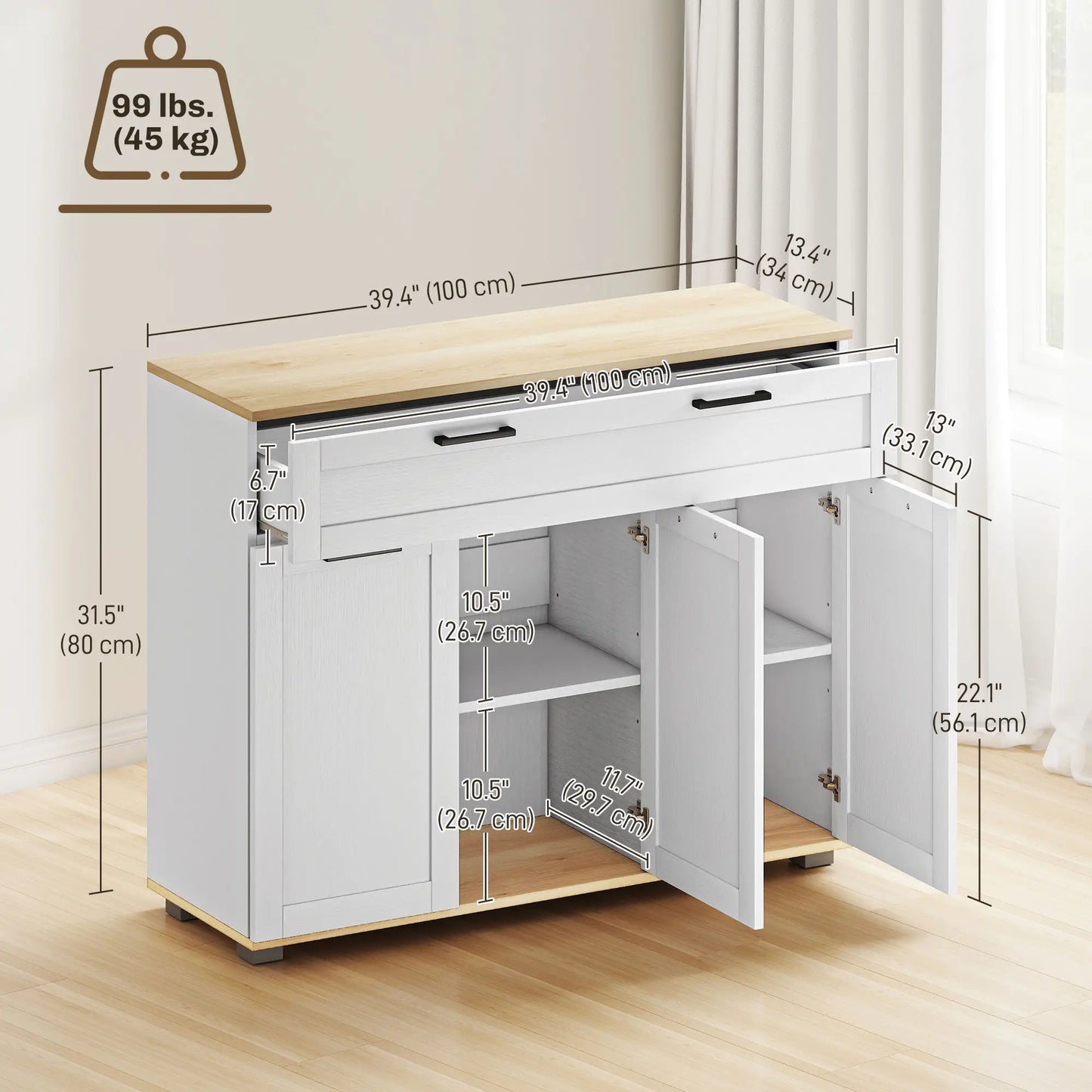 Modern 40" Sideboard Buffet Cabinet, 3 Doors, 2 Shelves, White Bar Cabinets at Gallery Canada