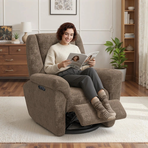 Fabric Recliner Chair, USB Ports, Swivel Rocking Footrest