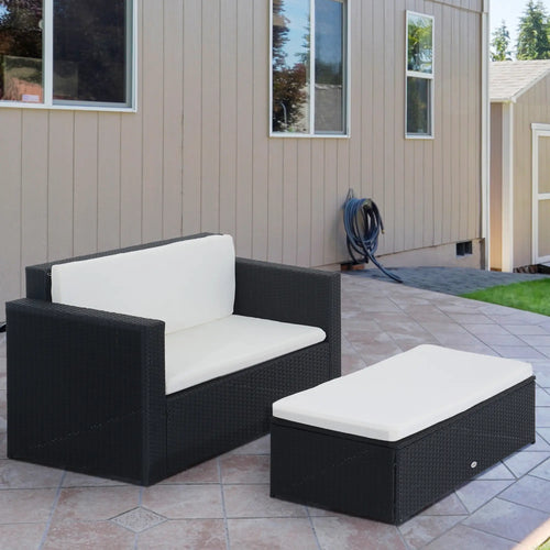 2-Piece Wicker Patio Set, Double Ottoman, PE Rattan, Cream White
