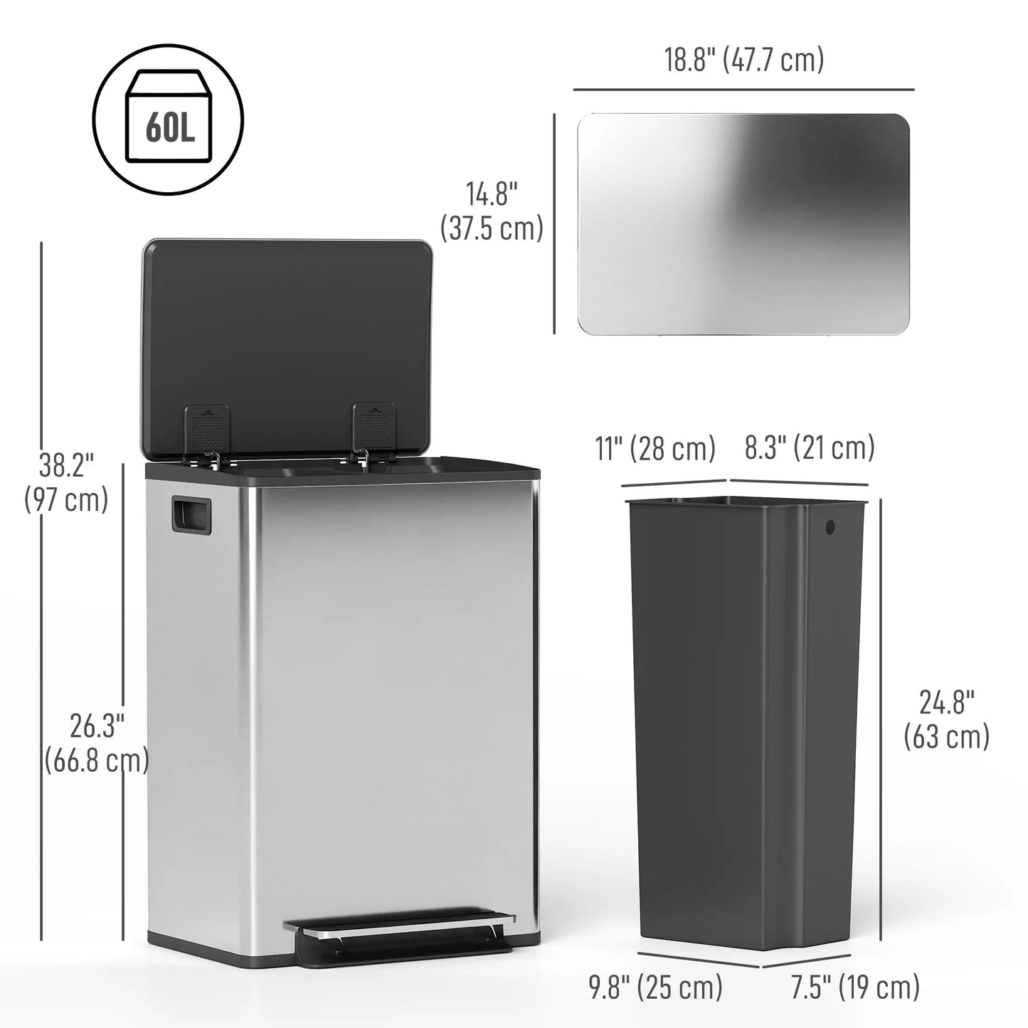 2 x 30L / 7.9 Gallon Dual Trash Can with Removable Inner Buckets and Handles for Kitchen, Office, Bathroom, Silver Household Supplies at Gallery Canada