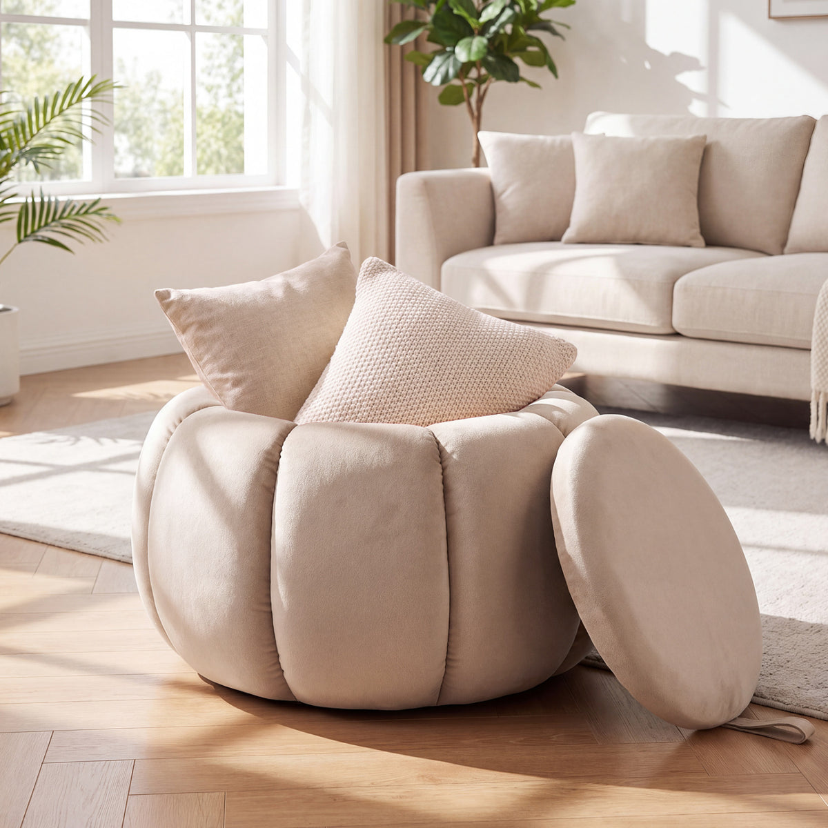 Pumpkin Ottoman, Hidden Storage, Removable Lid, Beige Ottomans at Gallery Canada