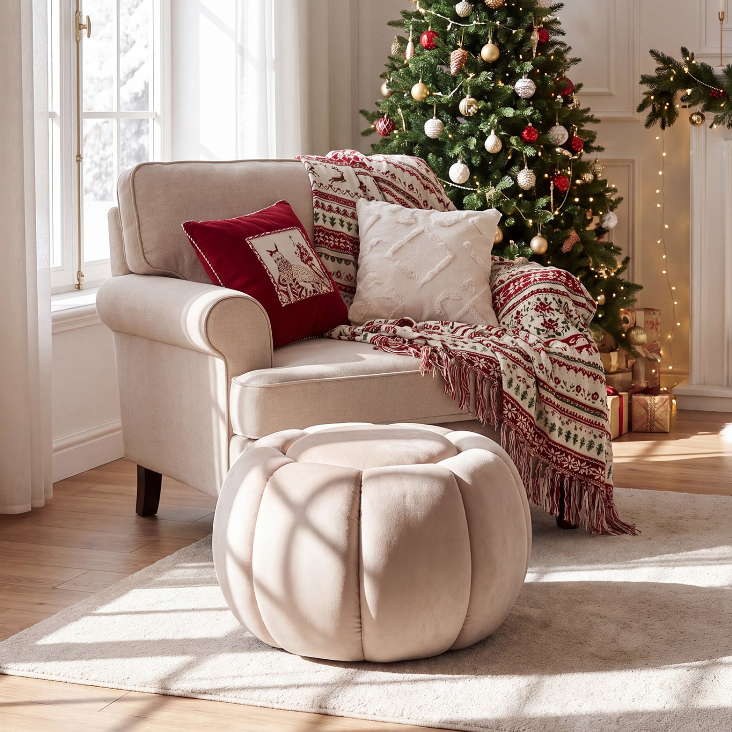 Pumpkin Ottoman, Hidden Storage, Removable Lid, Beige Ottomans at Gallery Canada