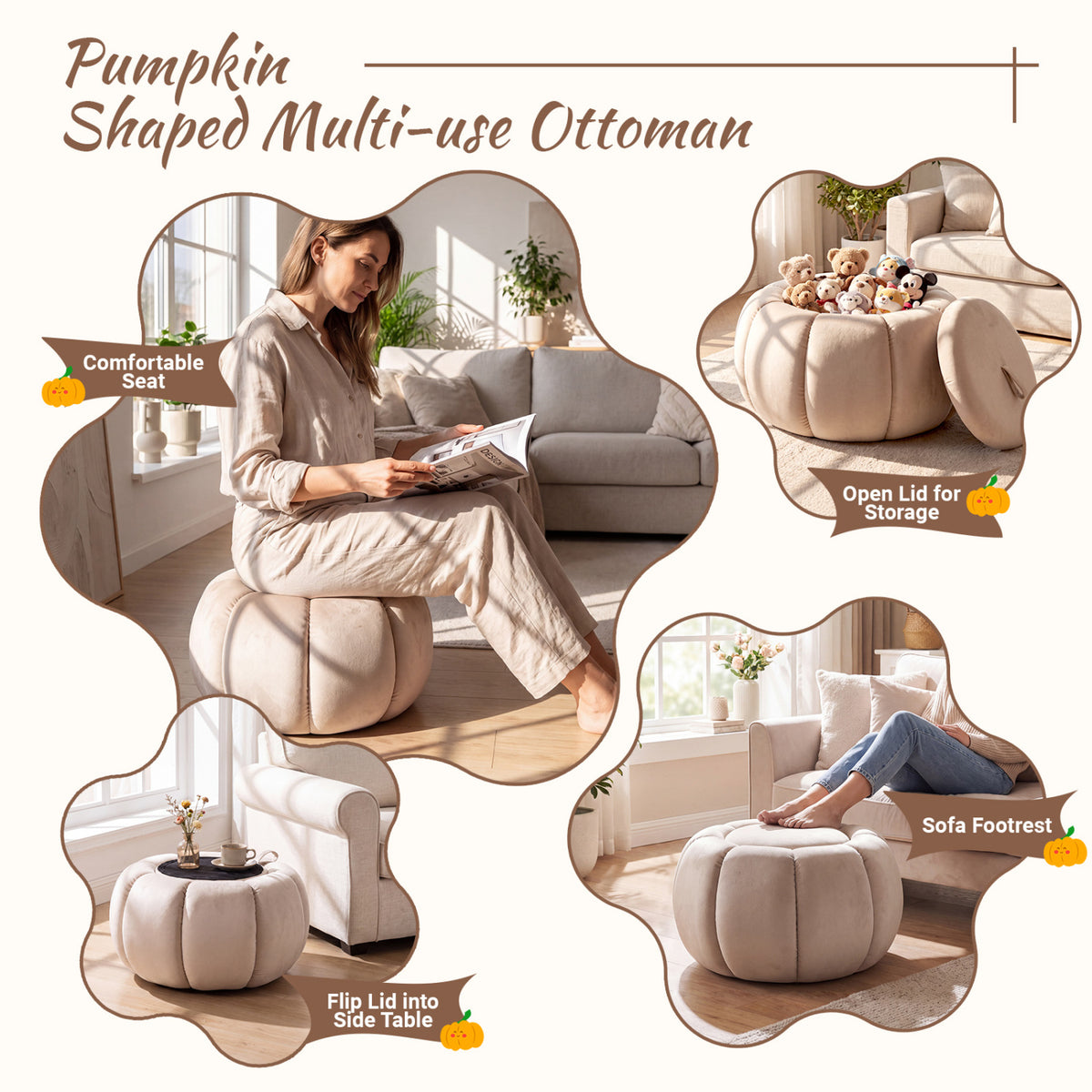 Pumpkin Ottoman, Hidden Storage, Removable Lid, Beige Ottomans at Gallery Canada
