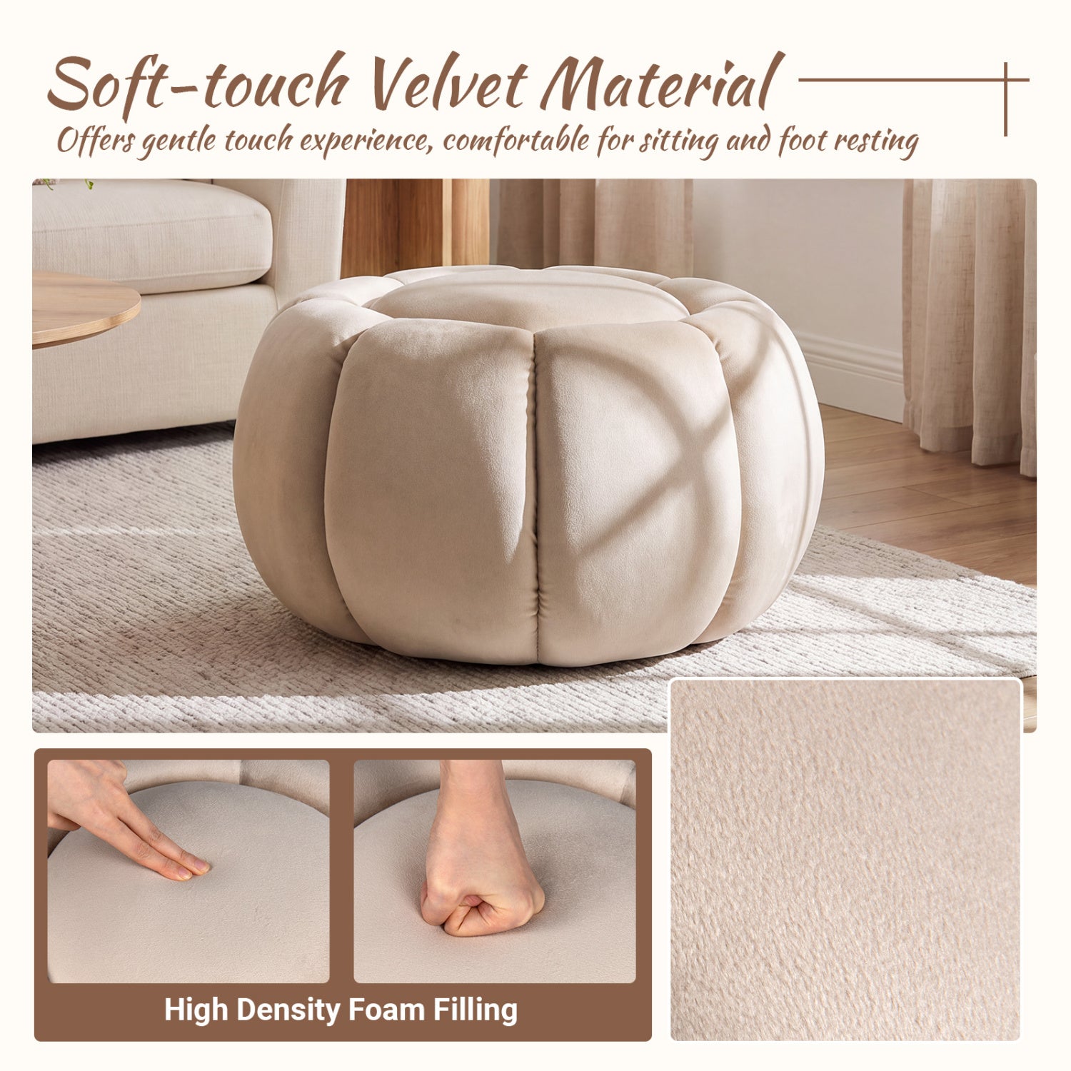 Pumpkin Ottoman, Hidden Storage, Removable Lid, Beige Ottomans at Gallery Canada