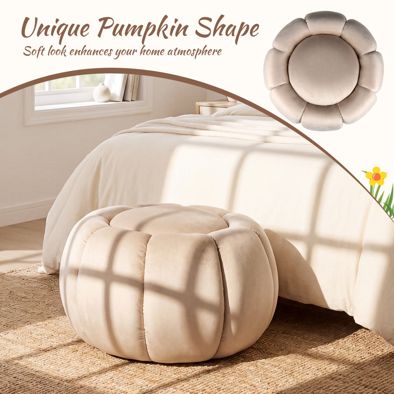 Pumpkin Ottoman, Hidden Storage, Removable Lid, Beige Ottomans at Gallery Canada