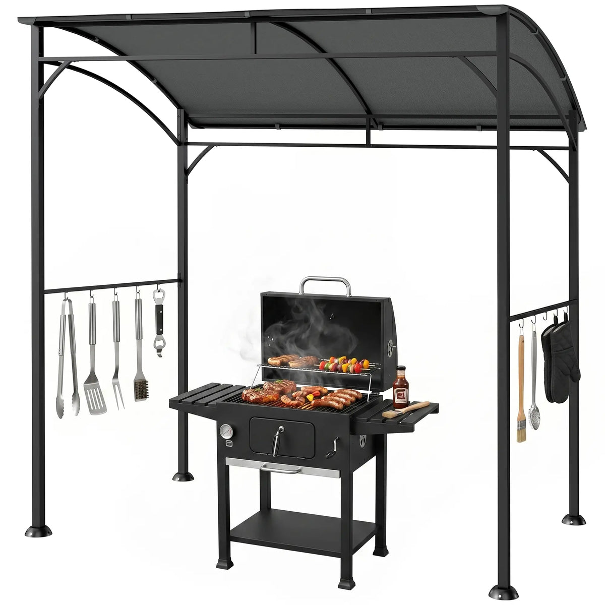 7' x 5' Charcoal Grey Garden Grill Canopy, BBQ Gazebo Tent With Steel Frame, Charcoal Grey