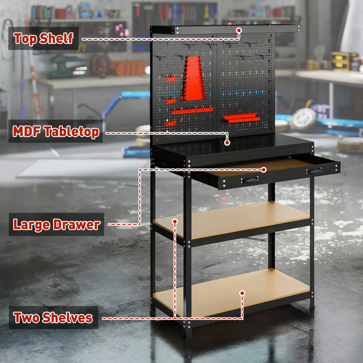 31.5 Inch Workbench with Pegboard, 2 Shelves, Drawer, Black Tool Organizers at Gallery Canada