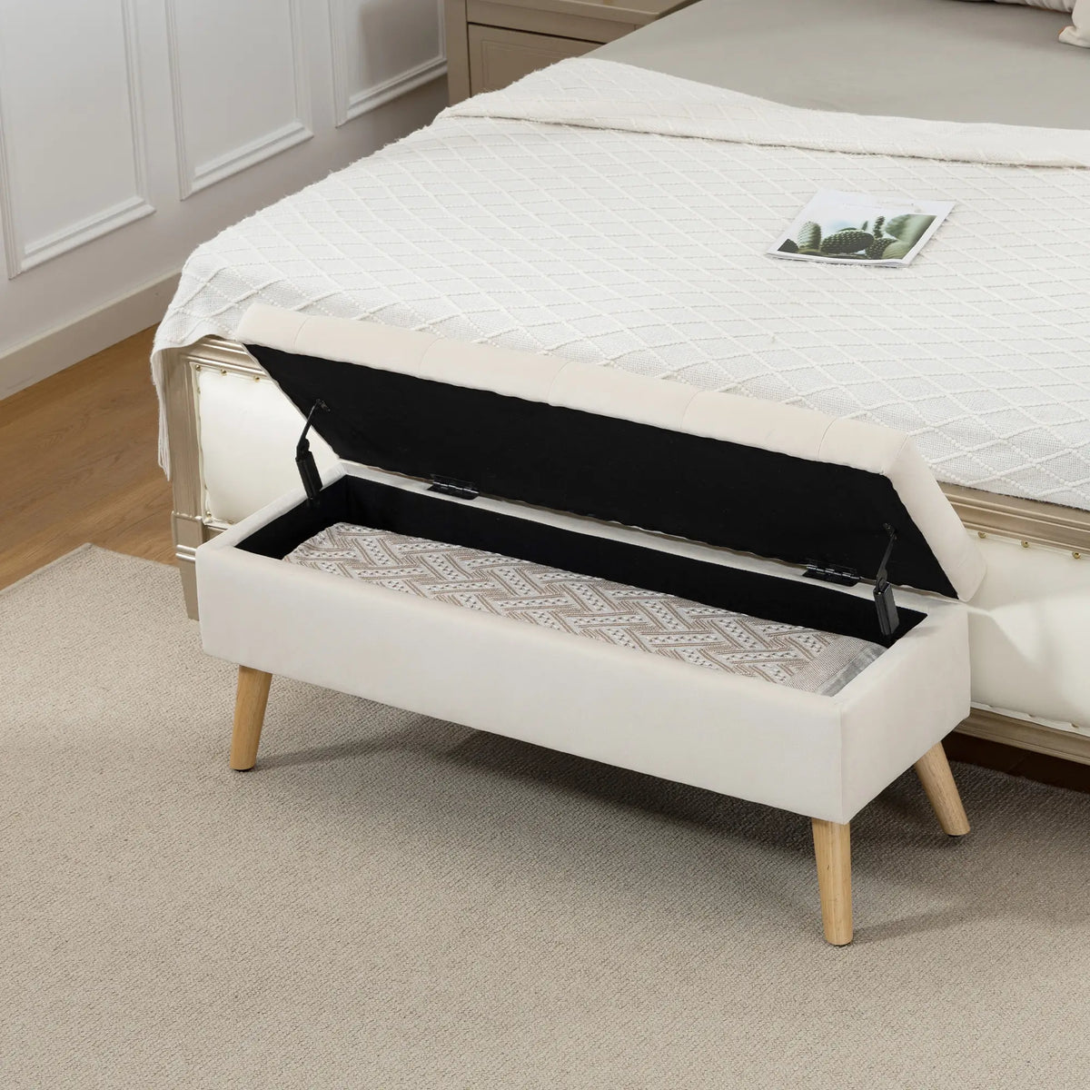 Storage Ottoman With Lid, Velvet Bench, Cream White Storage Ottomans & Benches at Gallery Canada
