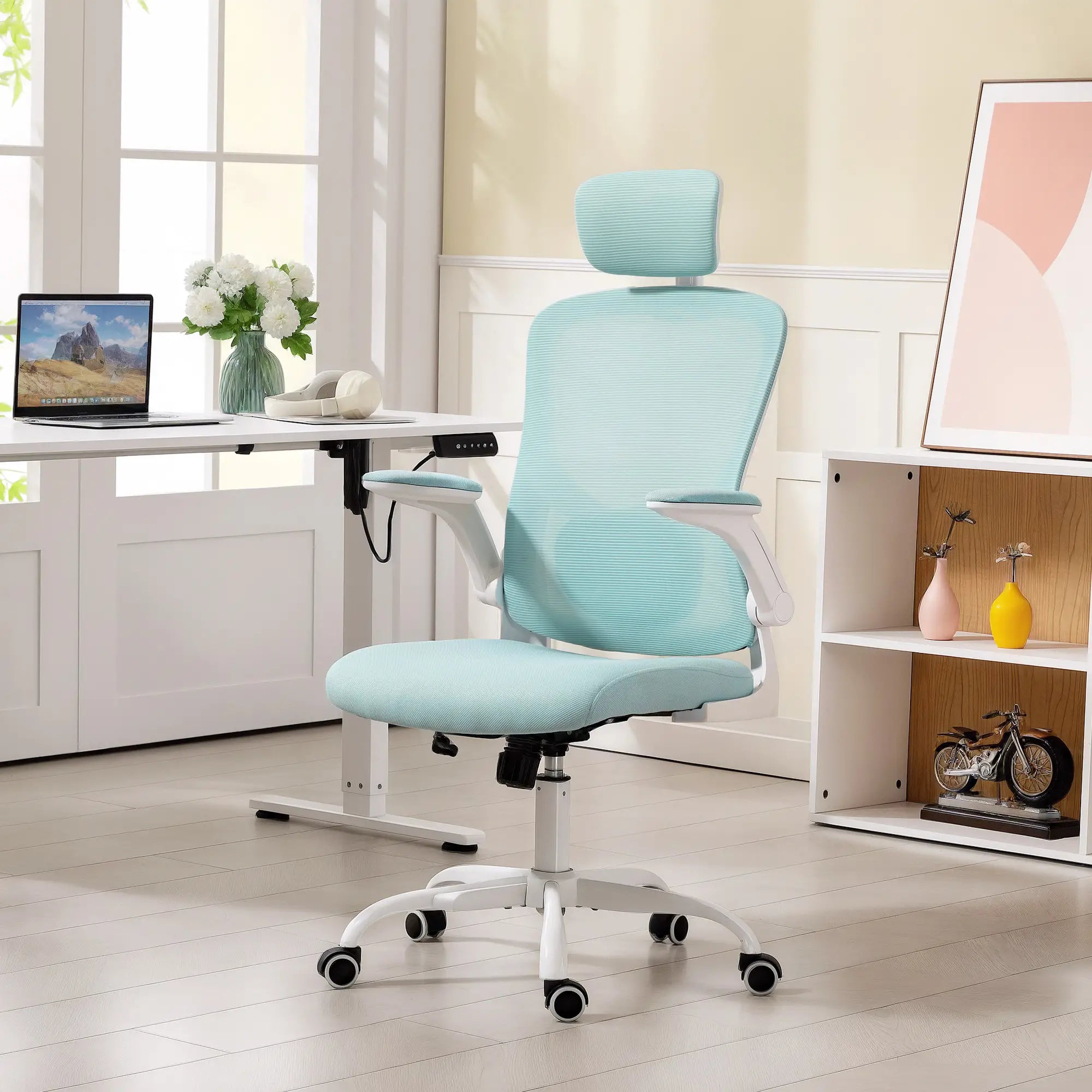 Ergonomic Office Chair, Mesh Desk Chair, Adjustable Headrest, Lumbar Support, Light Green Task Chairs at Gallery Canada