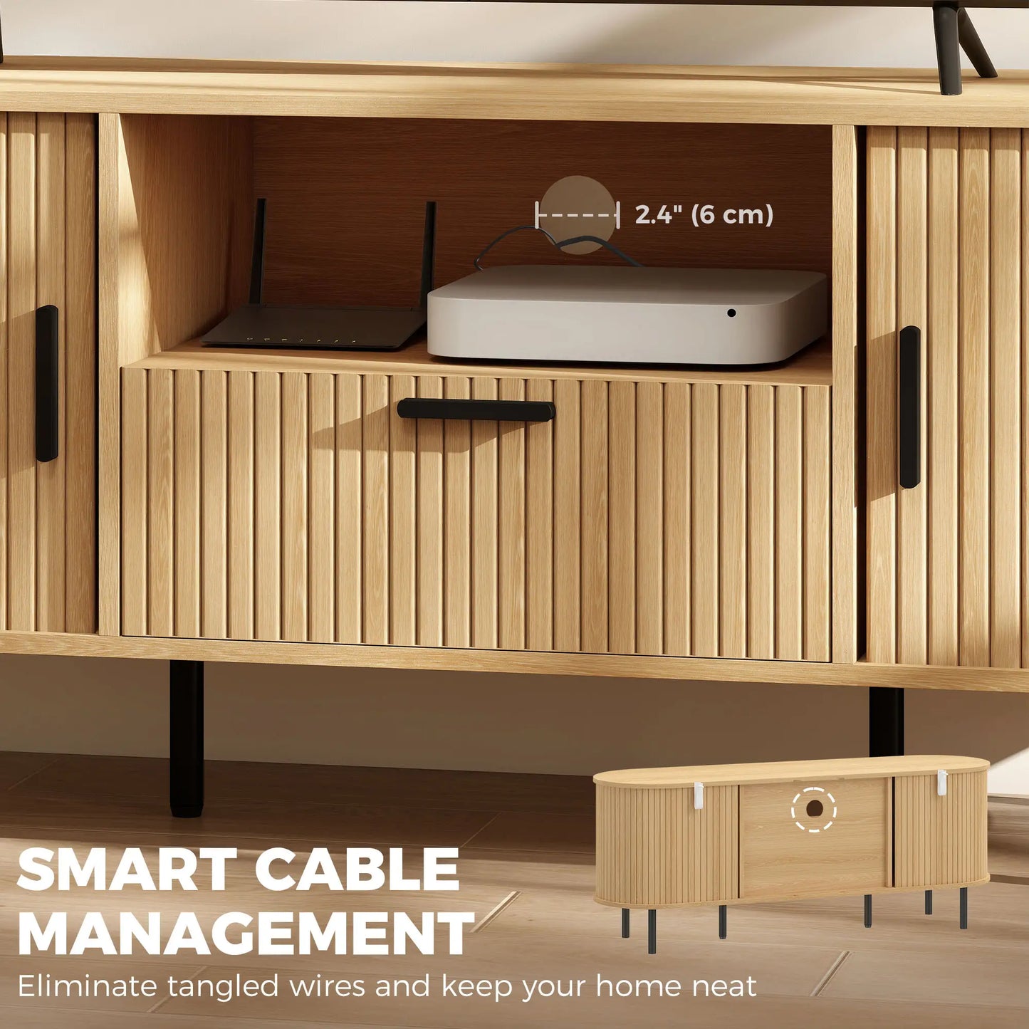 TV Stand for TVs up to 60", Modern Entertainment Center with Curved Sliding Doors and Storage, Natural Wood TV Stands at Gallery Canada
