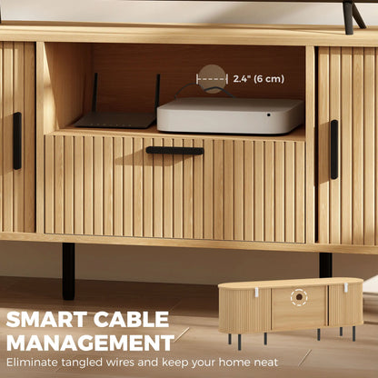 TV Stand for TVs up to 60", Modern Entertainment Center with Curved Sliding Doors and Storage, Natural Wood TV Stands at Gallery Canada