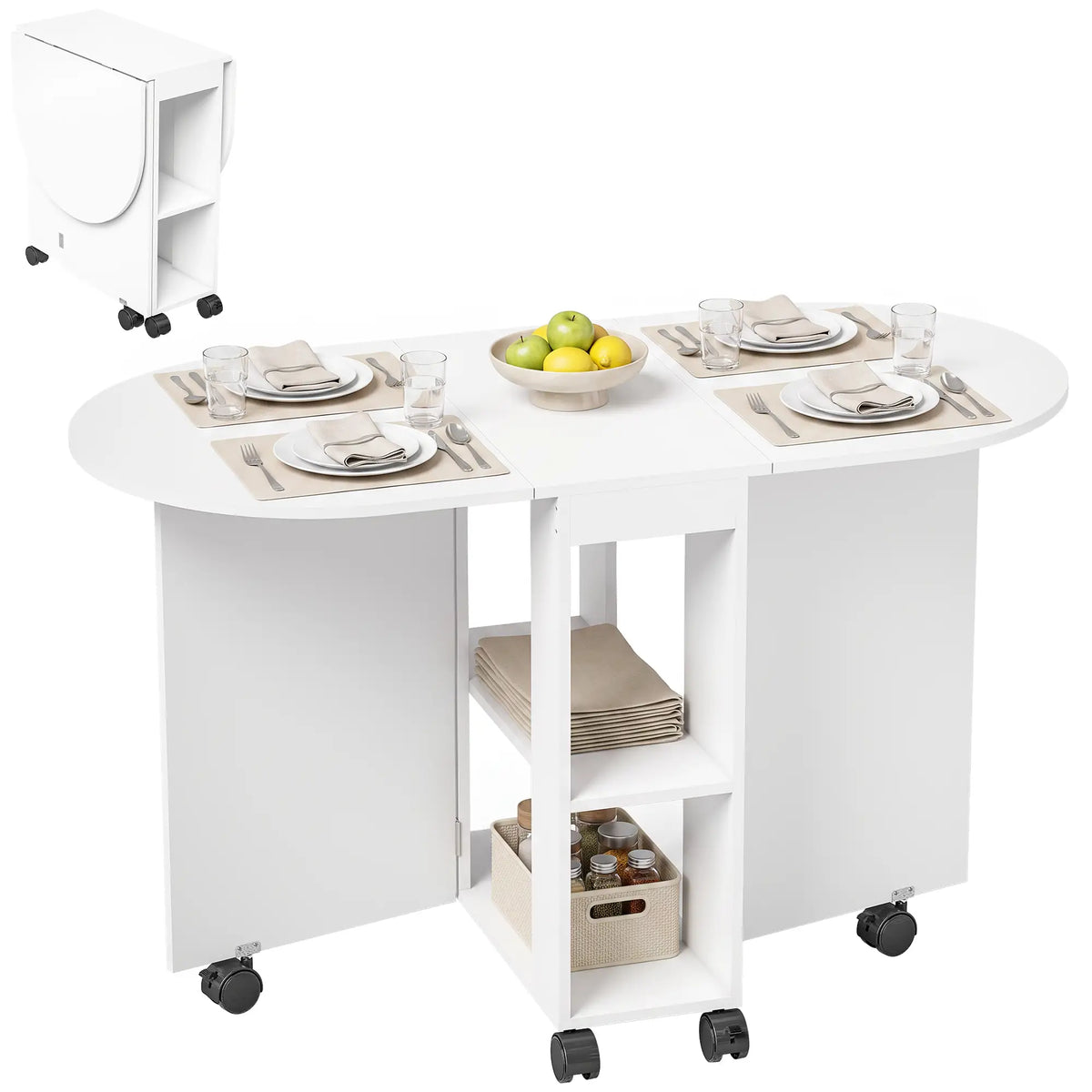 Folding Dining Table, Drop Leaf, 2 Shelves, 120cm, White Dining Tables at Gallery Canada