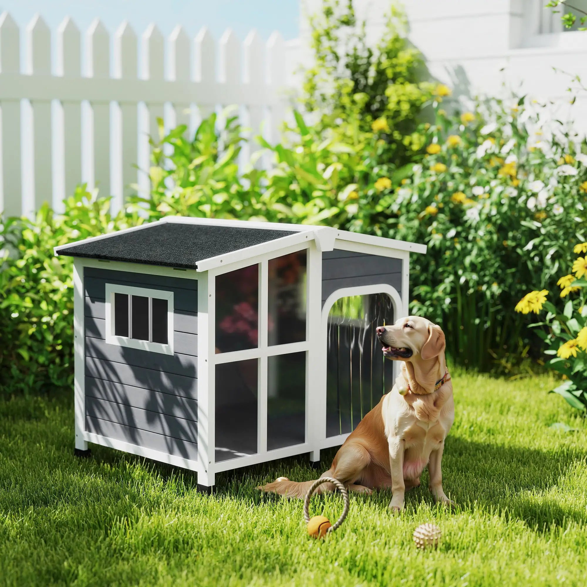 Wooden Dog House, Raised Kennel, Removable Bottom, Asphalt Roof, Dark Grey Houses, Kennels & Pens at Gallery Canada