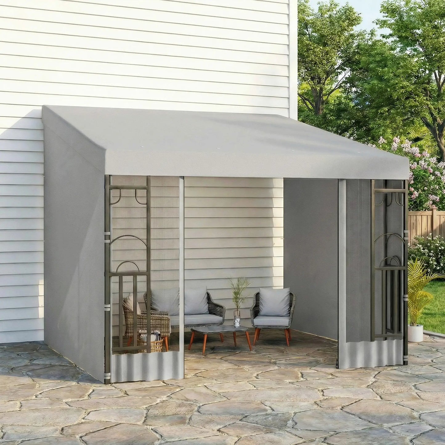 10' x 10' Light Grey Wall Pergola, Outdoor Gazebo with Curtains, Netting, Light Grey Pergolas at Gallery Canada